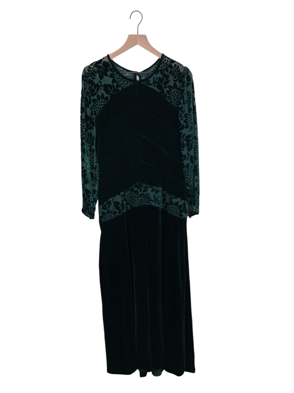 Vintage 90s Y2K Dark Green Velvet Burnout Maxi Dress Whimsigoth Gothic Fairycore